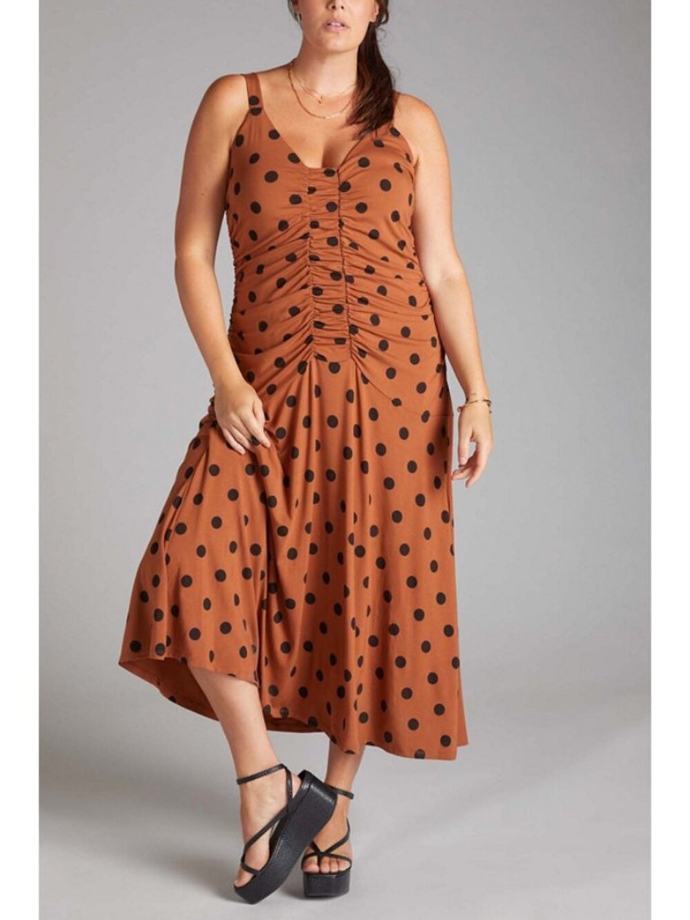 Anthropologie Maeve Ruched Polka Dot Jersey Sleeveless Brown Midi Dress